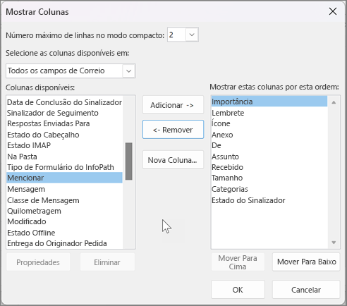 Ver definições de colunas no Outlook