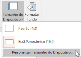 No separador Estrutura do Friso, selecione Tamanho do Diapositivo e, em seguida, selecione Personalizar Tamanho do Diapositivo.