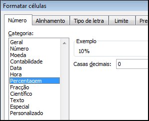 Categoria Percentagem na caixa de diálogo Formatar Células