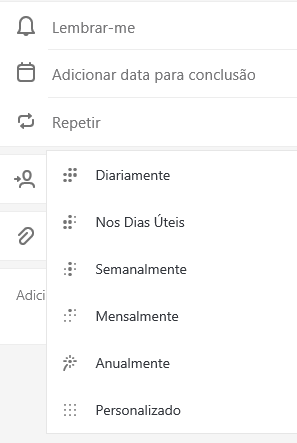 A ferramenta "Repetir" selecionada, com as opções Diariamente, Dias Úteis, Semanalmente, Mensalmente, Anualmente ou Personalizado