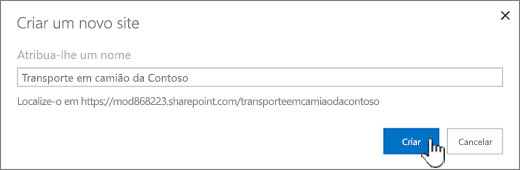 Caixa de diálogo Criar um novo site quando são impostos os sites clássicos