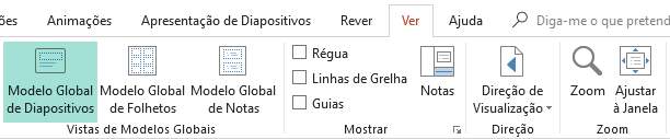 Os esquemas de diapositivos podem ser personalizados na vista Modelo Global de Diapositivos