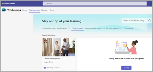 Imagem de My Learning ab, depois do separador Coleções sublinhado e do botão azul Criar no canto inferior direito.