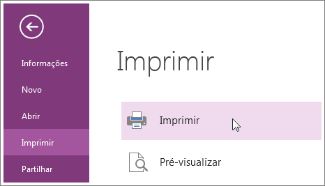 Pode imprimir páginas do OneNote a partir do menu Imprimir