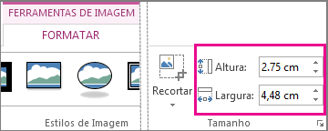 Caixas de Altura e Largura no separador Formatar das Ferramentas de Imagem