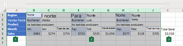 Destaque das colunas no Excel Online