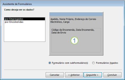 A página do subformulário no Assistente de Formulários