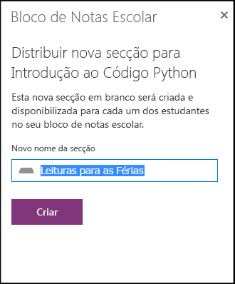 Exemplo de Nova secção do Blocos de Notas Escolares
