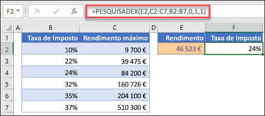 Imagem da função PROCX utilizada para devolver uma taxa de imposto com base no rendimento máximo. Esta é uma correspondência aproximada. A fórmula é: =PROCX(E2;C2:C7;B2:B7;1;1)