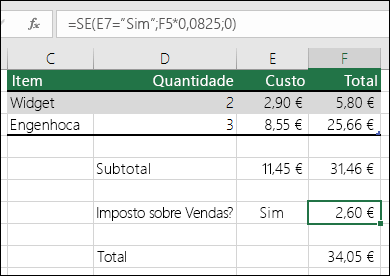 A fórmula na Célula F7 é SE(E7="Sim";F5*0,0825;0)