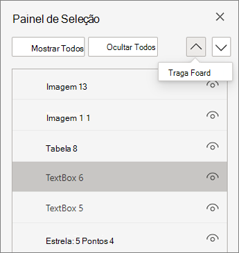 Painel de seleção com a opção trazer para a frente selecionada