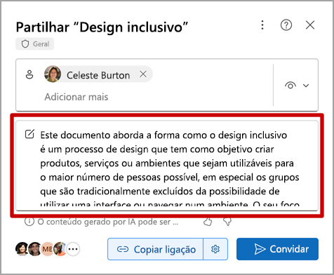 Captura de ecrã do resultado do Resumo Gerado por IA do Copilot no Word, ao partilhar um ficheiro