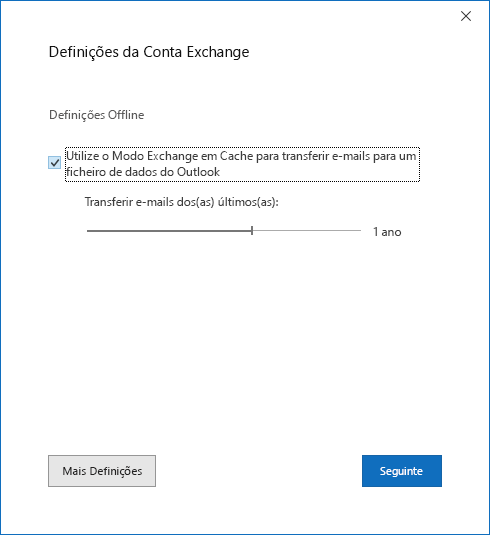 Caixa de diálogo de configuração da conta, página Definições da Conta do Exchange.