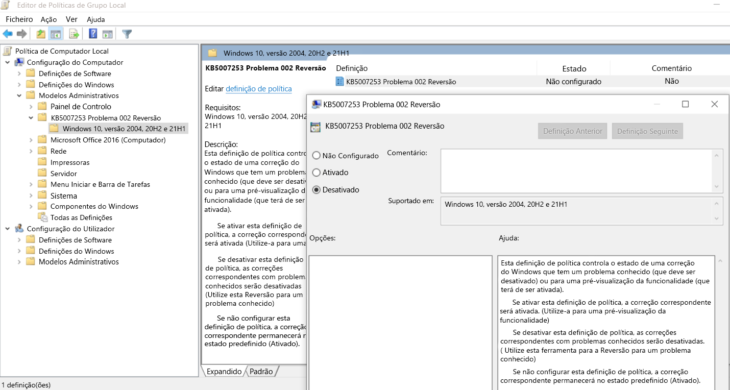 Reversão KB5007253 do editor da política de grupo local