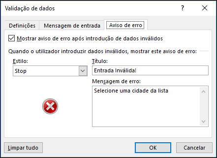 Opções de Mensagem de Erro da Lista Pendente de Validação de Dados