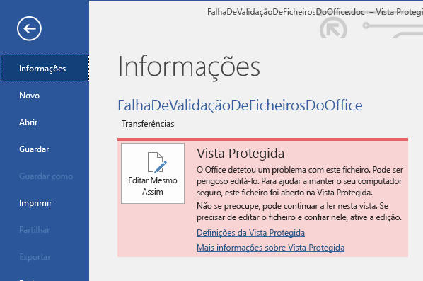 Falha na Validação de Ficheiros do Office e Vista Protegida na vista Backstage