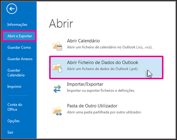 Abrir um ficheiro de dados do Outlook 