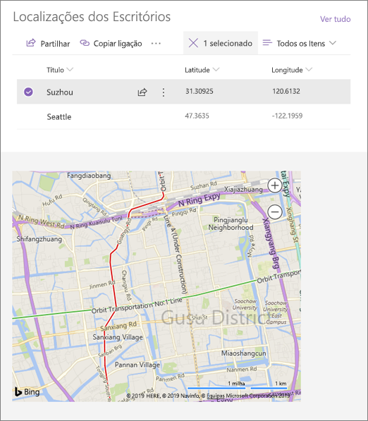 Exemplo de uma peça Web Incorporar ligada que mostra uma localização de uma lista