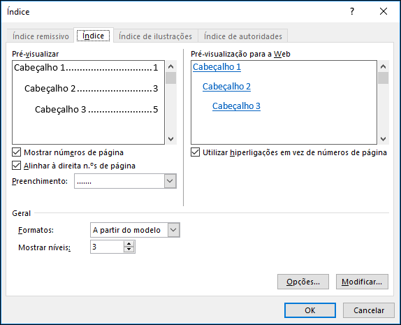 Utilizar a caixa de diálogo Índice para personalizar o aspeto do seu índice.