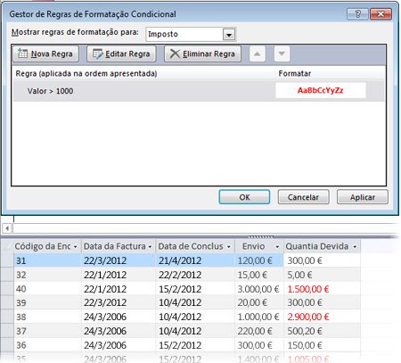 Regra de formatação condicional com o formulário em vista de esquema com a formatação aplicada.