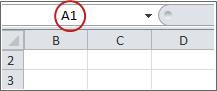 Caixa de nome a indicar A1 para mostrar a coluna A e a linha 1