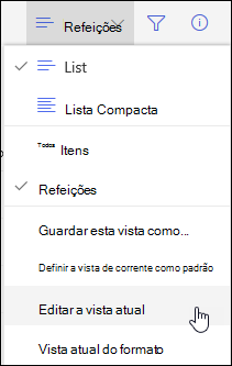 Opção do menu Editar Vista Atual do SharePoint Online