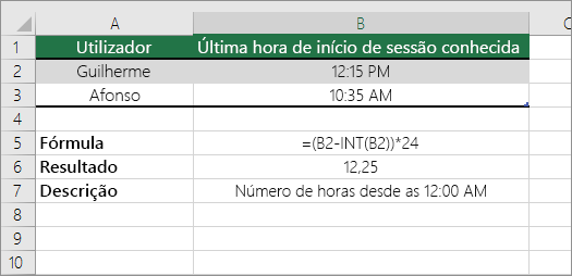 Exemplo: Converter horas do formato de hora padrão para um número decimal