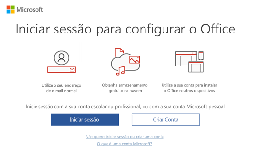 Mostra a página "Iniciar sessão para configurar o Office" que pode aparecer depois de instalar o Office