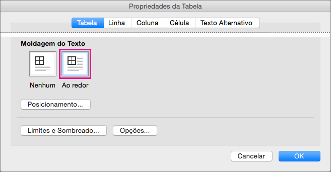 Clique em Ao redor para que o texto seja moldado à volta da tabela selecionada.