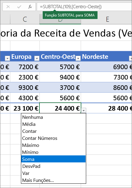 Exemplo da seleção de uma fórmula de Linha Total a partir da lista pendente de fórmulas da Linha Total