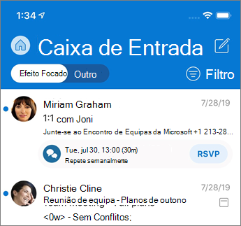 Inbox focada no Outlook mobile