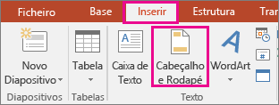 mostra o botão inserir > cabeçalho no PowerPoint