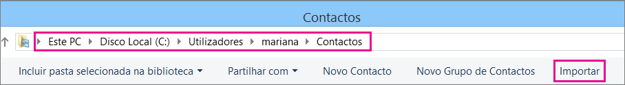 Navegue até à pasta Contactos e, em seguida, selecione Importar.