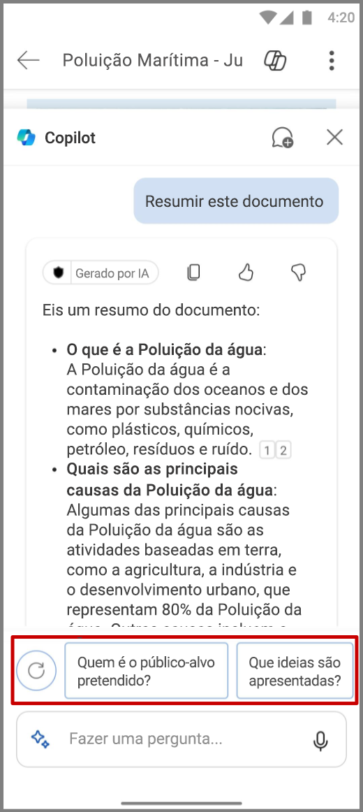 Captura de ecrã do Copilot no Word no dispositivo Android com perguntas de seguimento realçadas