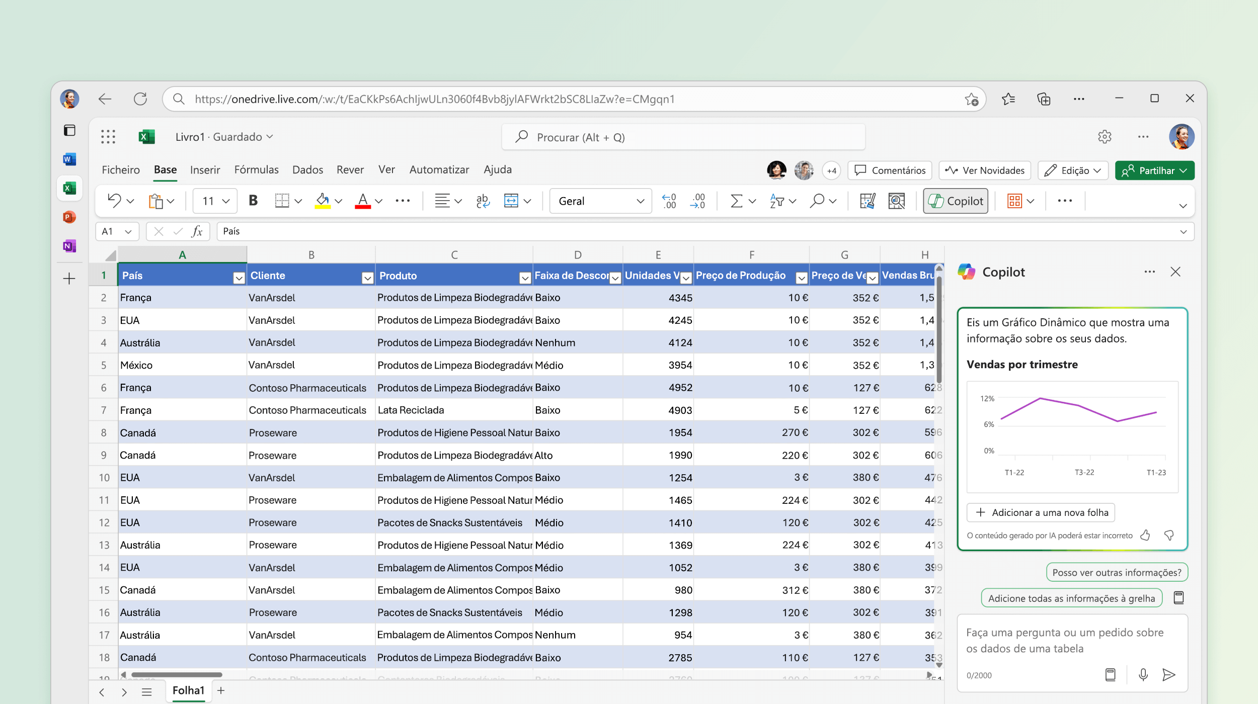 Captura de ecrã a mostrar o Copilot no Excel a identificar informações de dados existentes.