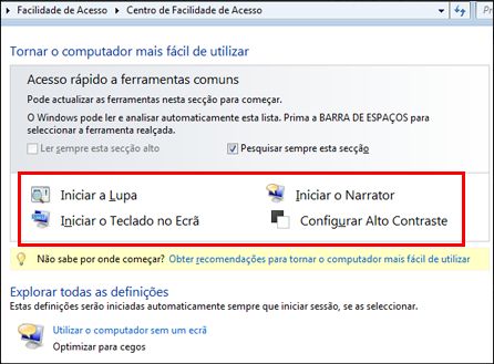 Caixa de diálogo do Centro de Facilidade de Acesso, onde pode escolher as tecnologias de apoio