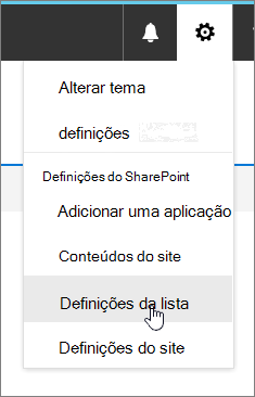 Menu Definições com definições de Lista realçadas