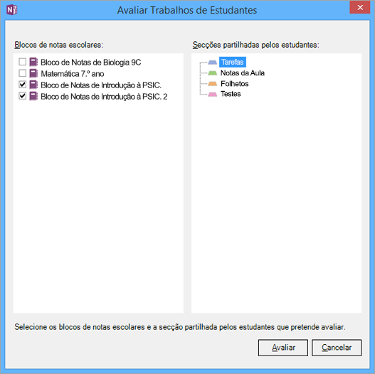 Selecione as secções Blocos de Notas Escolares e blocos de notas que pretende rever.