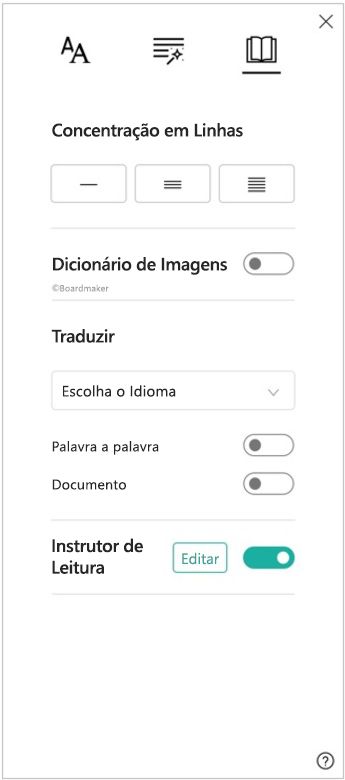 Captura de ecrã a mostrar o painel de preferências de leitura da leitura avançada, com as opções de concentração em linhas, dicionário de imagens, tradução e Instrutor de Leitura.