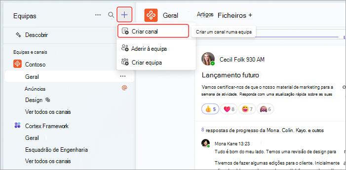 Captura de ecrã a mostrar a navegação do Teams para criar um canal