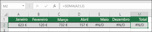 Exemplo da função NÃO.DISP introduzida em células, o que impede uma fórmula SOMA de calcular corretamente.