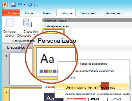 Clique com o botão direito do rato no novo tema listado no cabeçalho "Personalizado" e, em seguida, selecione "Definir como Tema Predefinido".