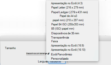 Existem várias opções de tamanho de diapositivo predefinidas na caixa de diálogo Configurar Página