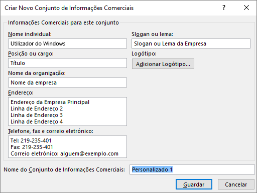 Captura de ecrã da caixa de diálogo Criar Novo Conjunto de Informações Comerciais.