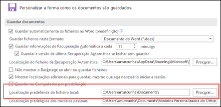 As opções para guardar no Word a mostrar a pasta de trabalho predefinida