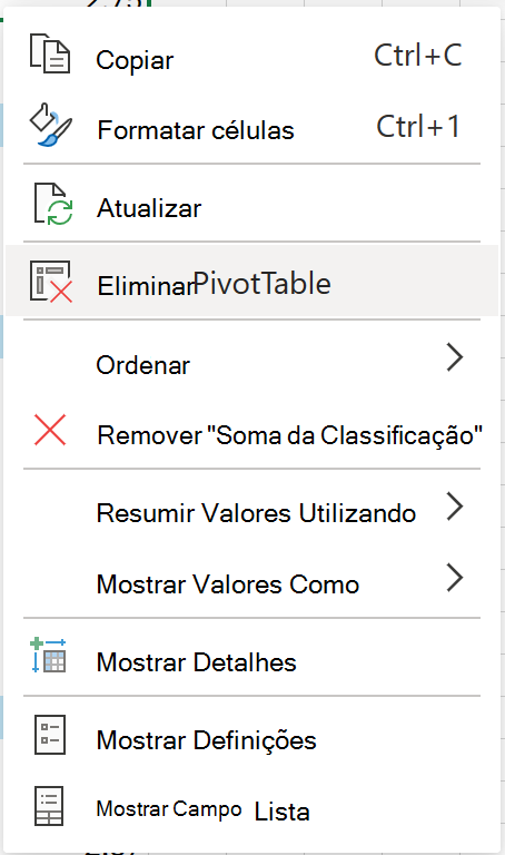 Elimine a Tabela Dinâmica do menu de contexto na Web.