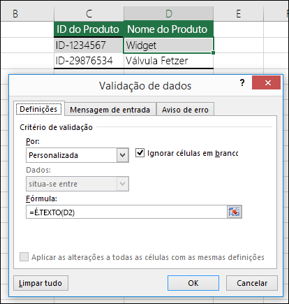 Exemplo 2: Fórmulas na validação de dados