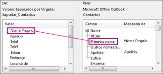 Mapear uma coluna do Excel para um campo de contacto do Outlook