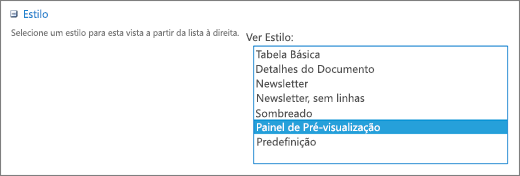 Opções de estilo na página Definições de Vista