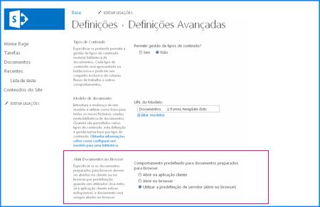 Captura de ecrã da página de Definições Avançadas de uma Biblioteca de Documentos no SharePoint